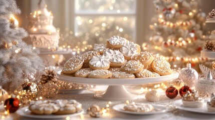 Festive holiday cookies arranged on a plate amidst a sparkling Christmas setting, featuring beautifully decorated trees and lights.