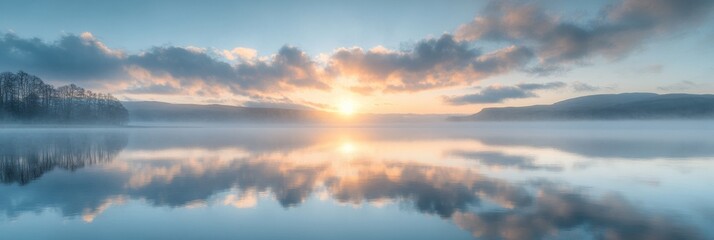 Fototapeta premium Tranquil Sunrise Over a Serene Lake, Soft Clouds Mirrored on the Water, Gentle Blur at the Edges, Peaceful Morning Atmosphere