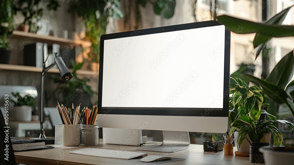 Poster modern home office setup with sleek desktop computer surrounded by lush green plants, creating a ser