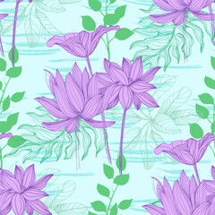 Seamless Pattern with tropical leaves and lotus. Color sketch style hand drawn background. Detailed illustration, hand drawn. Great for fabric and textile, prints, invitation, packaging