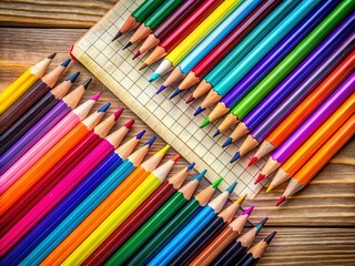 Collection of Colorful Pencils and Pens Arranged Neatly on a Wooden Desk with Notepad Background