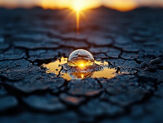 A single water droplet sits on a cracked, dry surface with the setting sun reflecting in it.