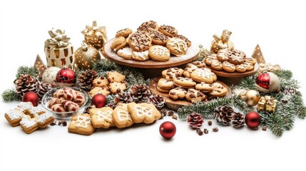 Festive holiday cookies arranged with pine cones, ornaments, and greenery; perfect for seasonal celebrations and Christmas gatherings.