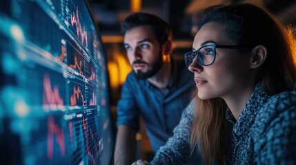 A team of professionals reviewing real-time AI insights and big data analysis on a large display, optimizing business decisions