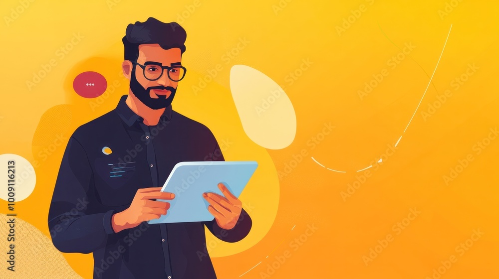 Aufkleber a tech entrepreneur brainstorming on a tablet, framed by a yellow gradient background that flows fro