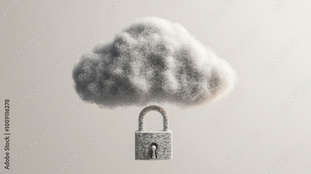 Poster padlock attached to a 3d cloud, symbolizing secure data, isolated on white