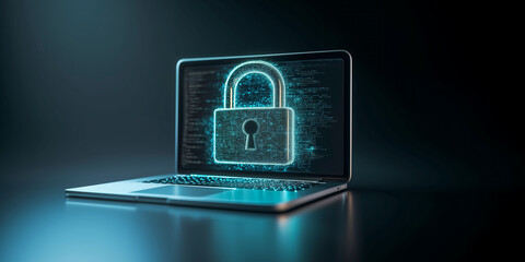 laptop with padlock, concept of cyber security data safe from hacker attacks