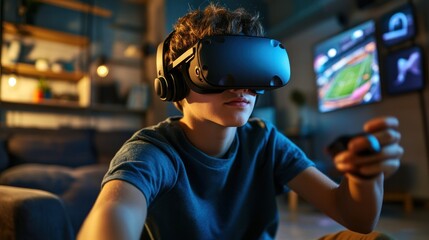 A teen enjoying an immersive VR gaming experience at home, playing metaverse sports games with a VR headset in a modern setup
