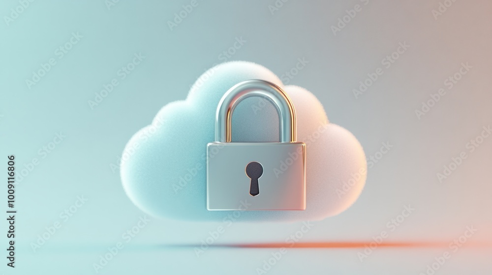Poster padlock attached to a stylized cloud icon, representing secure data storage, isolated on white