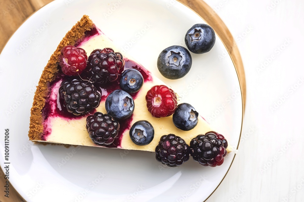 Wall mural Top view of Cheesecake with blackberries slice on the plate, white background