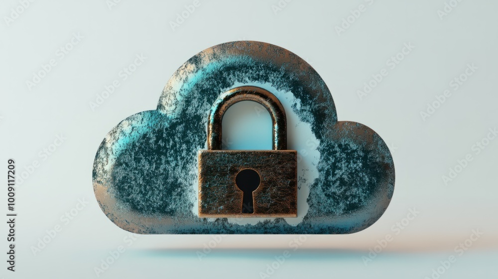 Poster padlock attached to a stylized cloud icon, representing secure data storage, isolated on white