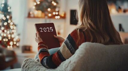 Cozy evening at home with a woman reflecting on her plans for 2025 by the Christmas tree in a warmly decorated living room