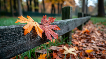 A close-up of vibrant orange and red autumn leaves resting on a rustic wooden fence. The peaceful...