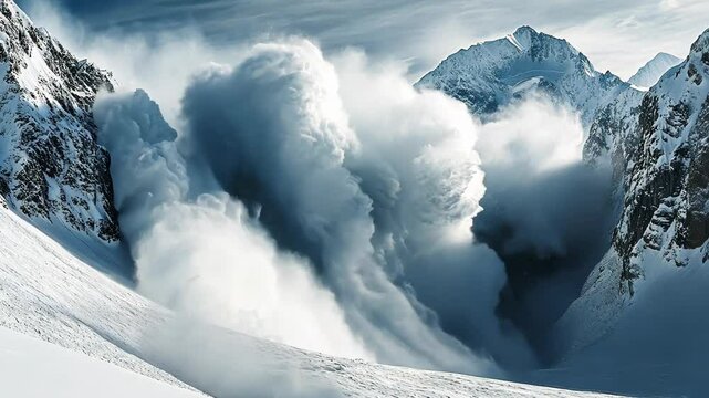 A massive avalanche roars down a mountainside, creating a cloud of snow and ice