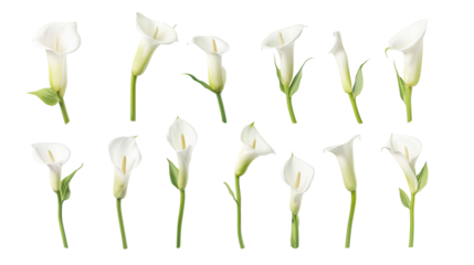 set of white yellow zantedeschia flowers isolated on transparent background
