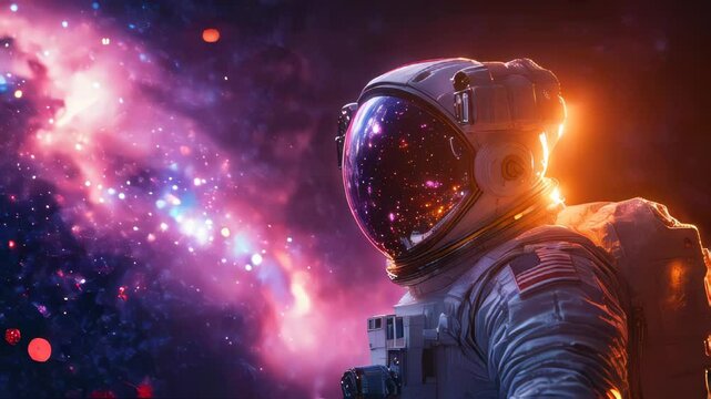 A stunning close-up of an astronaut floating in space, with a reflective helmet displaying a vibrant galaxy filled with colorful stars and cosmic light