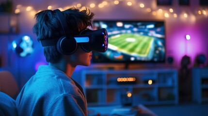 A teenager playing metaverse games with a VR headset, completely absorbed in the virtual reality environment of online sports