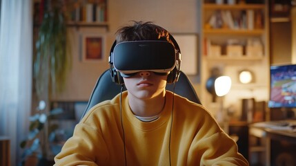 A teenager playing metaverse games with a VR headset, completely absorbed in the virtual reality environment of online sports