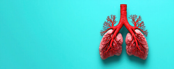 image depicts detailed illustration of human lungs with blood vessels, showcasing intricate connection between heart and lungs. This vibrant representation highlights importance of respiratory