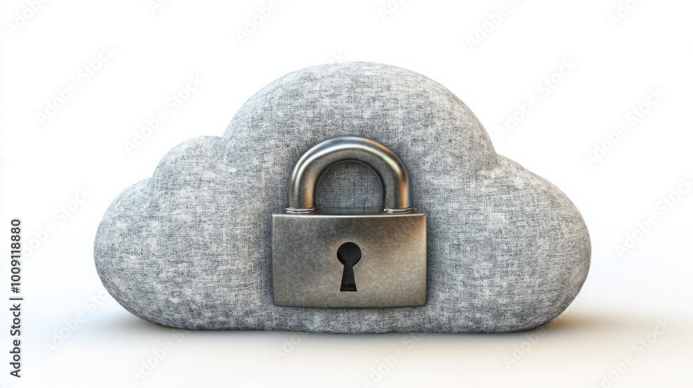 Poster shiny padlock on top of a soft cloud shape, symbolizing secure data storage, isolated on white