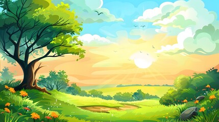 Charming Cartoon Landscape Featuring a Tree with Flowers Against a Majestic Mountain Backdrop