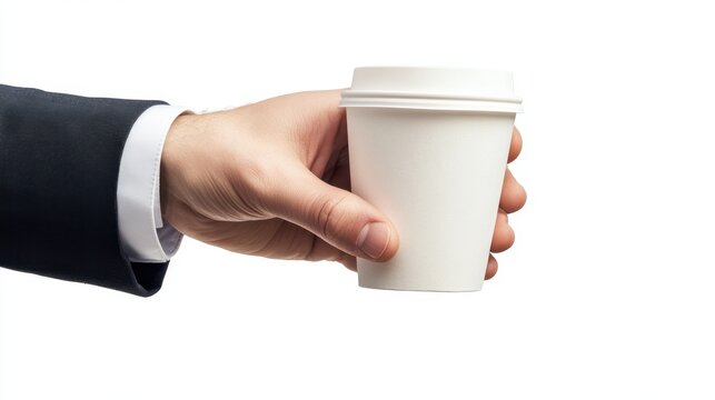 A hand in a suit holding a white disposable coffee cup, isolated on a plain white background, minimal shadows,  ideal for business lifestyle, corporate culture, and takeaway coffee concepts.