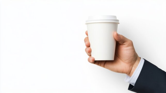 A hand in a suit holding a white disposable coffee cup, isolated on a plain white background, minimal shadows,  ideal for business lifestyle, corporate culture, and takeaway coffee concepts.