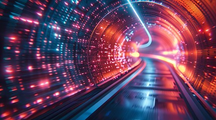 Obraz premium A high-tech futuristic tunnel illuminated with glowing blue and red lights, filled with streaming digital data, symbolizing rapid information transfer in a technological world. 
