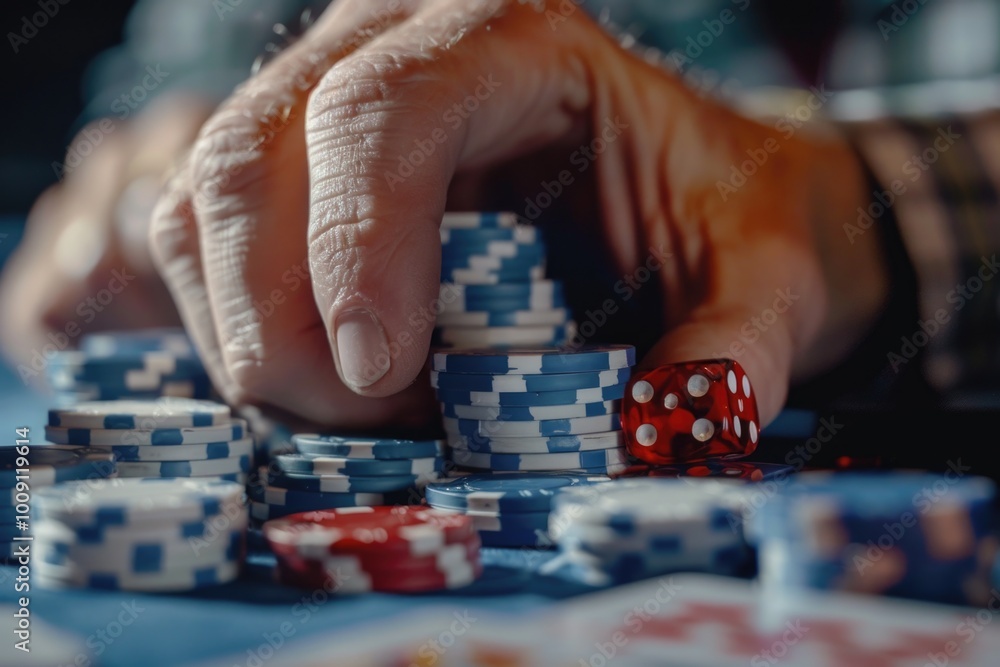 Poster a person playing games with friends using dice and cards