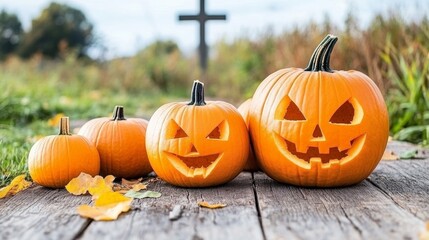 Abandoned churchyard graveyard filled with glowing pumpkins