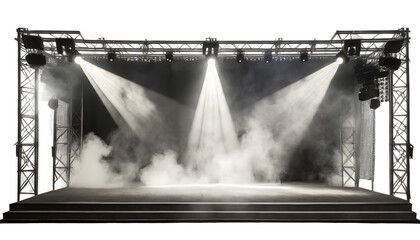 stage illuminated by spotlights with smoke effect. Generative AI.