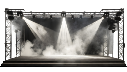 stage illuminated by spotlights with smoke effect. Generative AI.