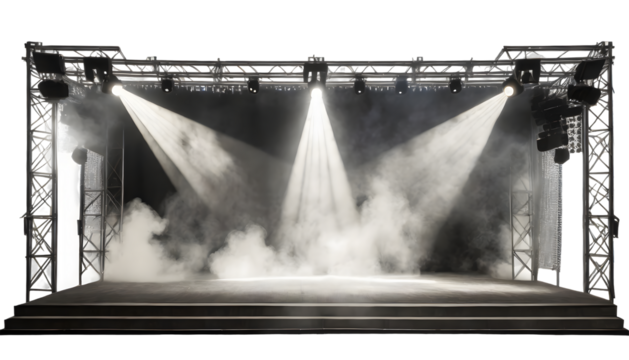stage illuminated by spotlights with smoke effect. Generative AI.