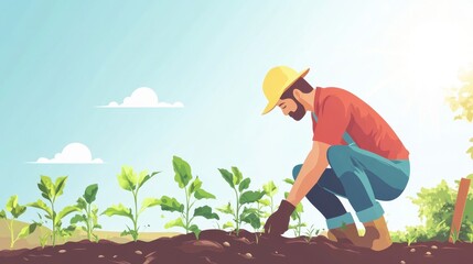 Farmer planting seedlings, bright day, clean background, minimal elements, copy space
