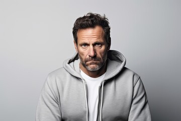 Obraz premium Portrait of a content man in his 40s wearing a zip-up fleece hoodie over white background
