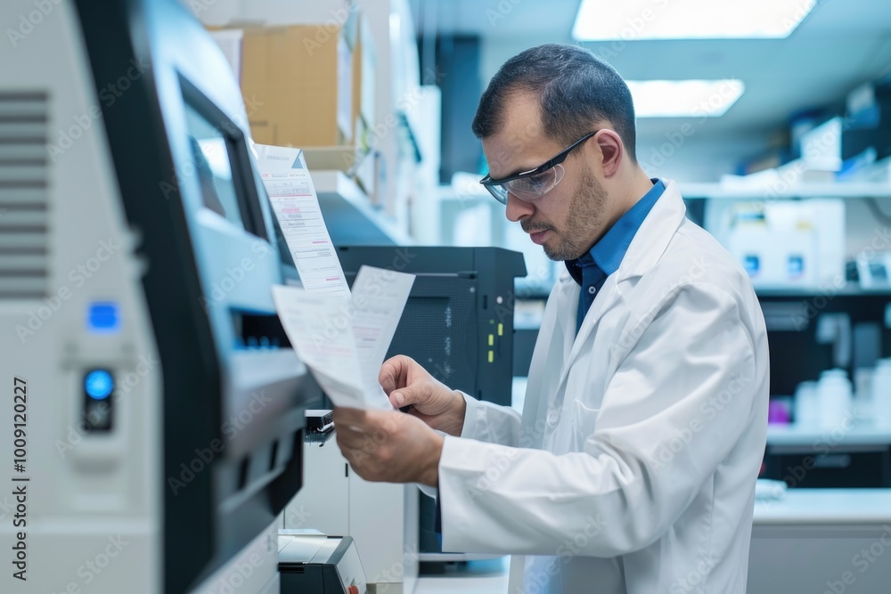Poster A scientist examines laboratory data on a sheet of paper, possibly analyzing results or making notes