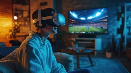 Obraz premium A teenager with a VR headset enjoying a virtual sports game at home, surrounded by a living room gaming setup designed for immersive experiences