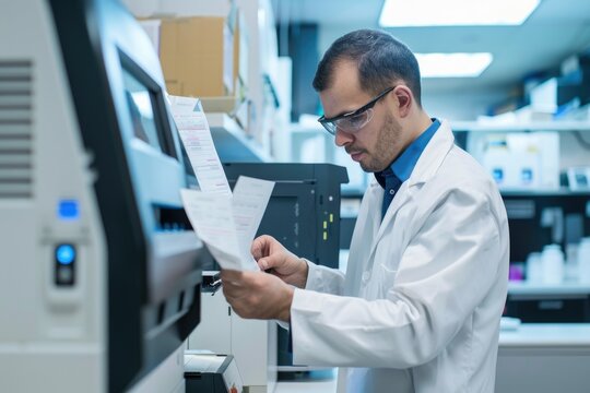 A scientist examines laboratory data on a sheet of paper, possibly analyzing results or making notes