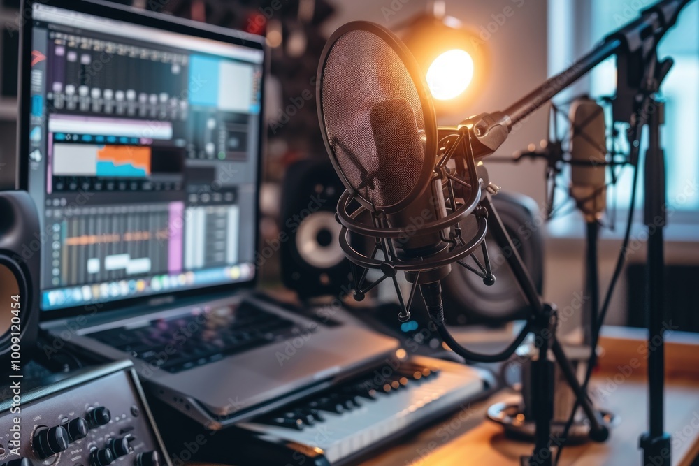 Poster a recording studio setup with a laptop and microphone, ideal for music production or podcasting