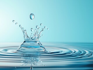 A single water drop creates a crown-shaped splash in still water.