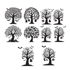 set of halloween tree, dead tree vector silhouette