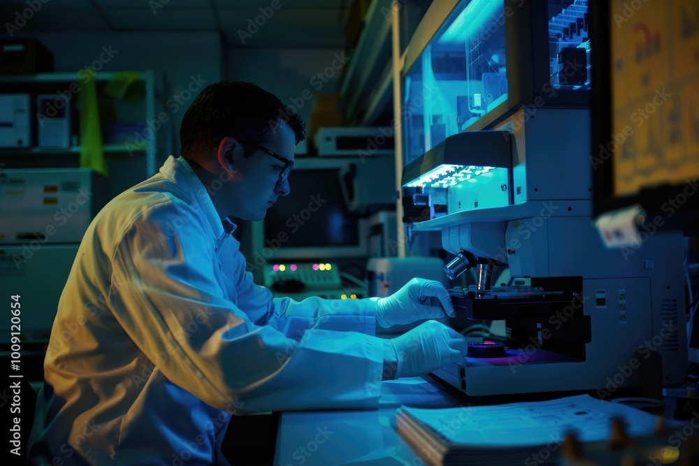 Poster a scientist in a lab coat works on a machine, focused on his task