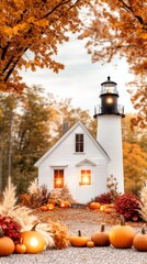 Abandoned lighthouse with glowing pumpkins lining the rocky cliff eerie fog rolling in from the sea