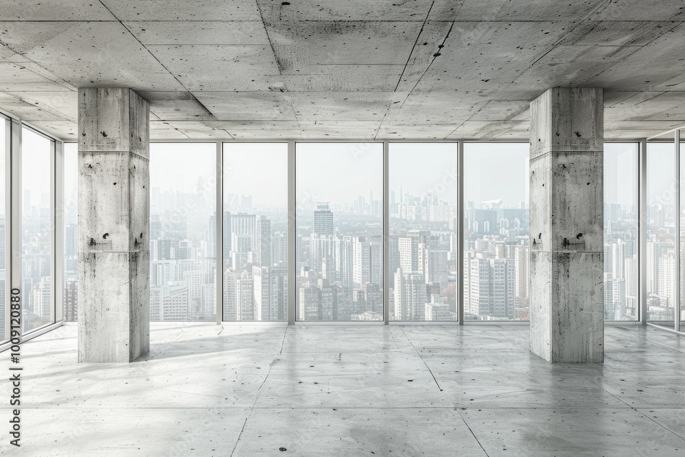 Poster Empty room with a cityscape view, suitable for interior design or architecture projects