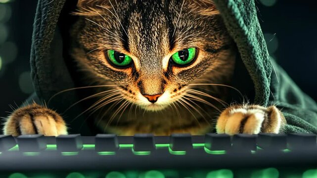 A tabby cat with green eyes wears a green hooded sweatshirt while typing on a keyboard