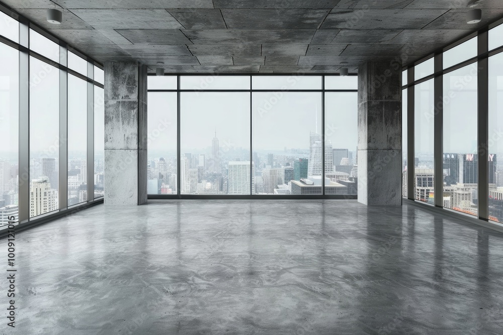 Poster Empty room with large windows offering a view of the city, suitable for use in architectural or urban planning contexts