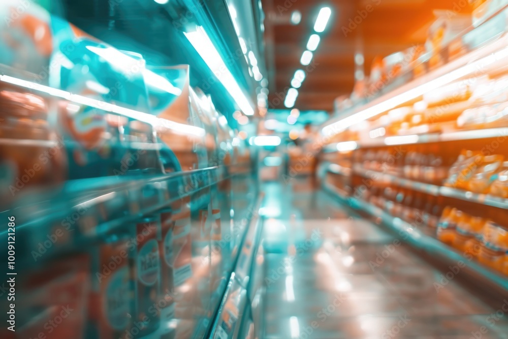 Poster shelf with various food products and drinks in a modern grocery store