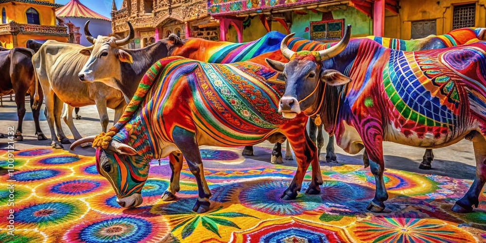 Poster colorful and vibrant mooping scene with abstract patterns and shapes for creative backgrounds