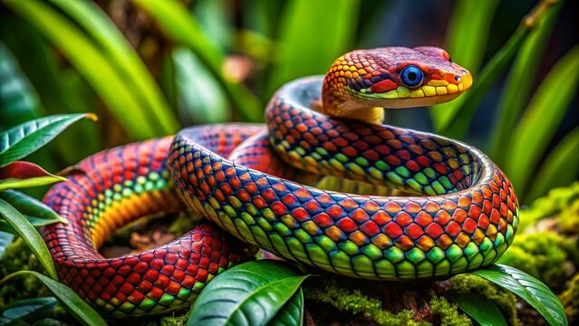 Colorful and vibrant vivora snake slithering through lush green foliage in a tropical rainforest environment