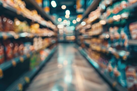 A blurred image of a typical grocery store aisle with shelves and products